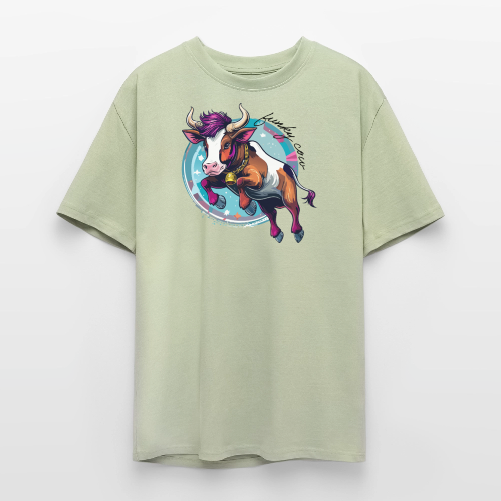 Heavy Oversize T-Shirt mit FUNKY COW PRINT - Leichtes Salbeigrün