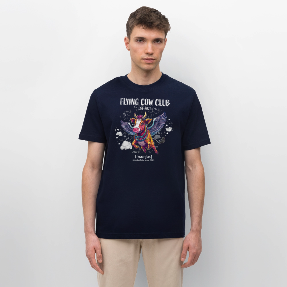 Unisex Bio-T-Shirt mit FLYING COW CLUB PRINT Vorderseite - Navy