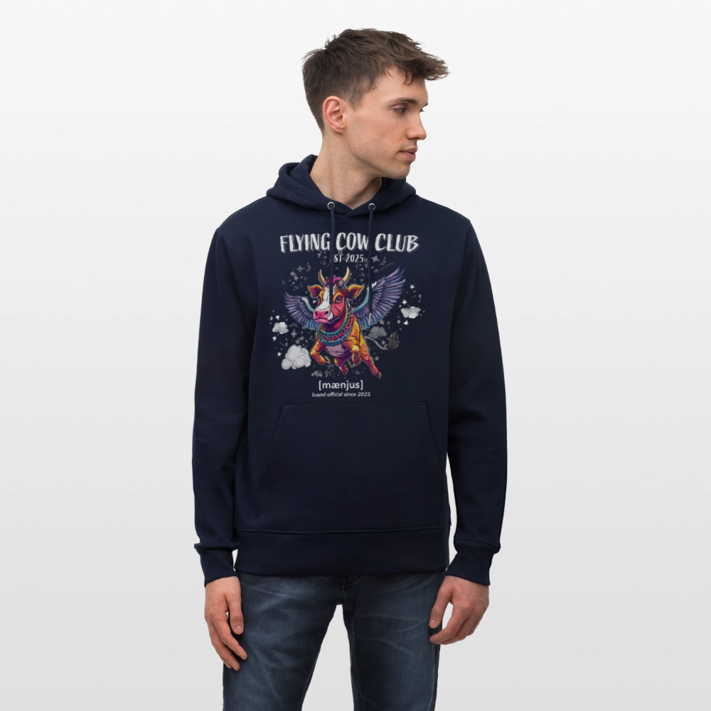 Unisex Bio-Hoodie mit FLYING COW CLUB PRINT Vorderseite - Navy
