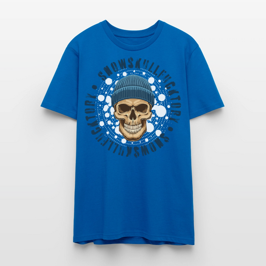 Unisex T-Shirt mit SNOWSKULL FUCKTORY PRINT Vorderseite - Pfauenblau