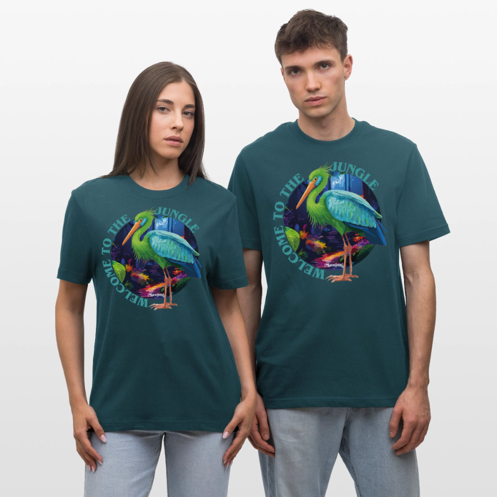 Relaxed Fit Unisex Bio-T-Shirt mit WELCOME TO THE JUNGLE PRINT Vorderseite - Dunkles Petrol