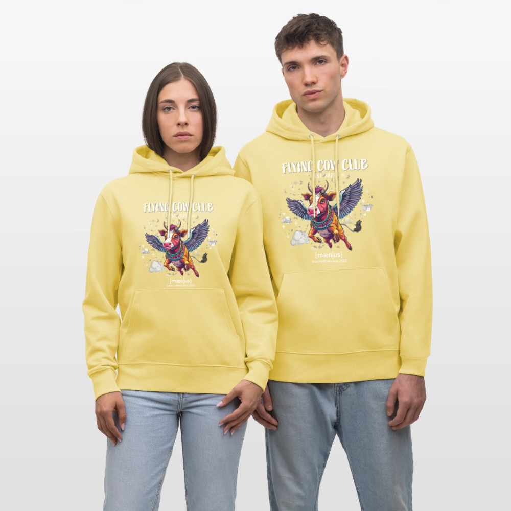 Unisex Bio-Hoodie mit FLYING COW CLUB PRINT Vorderseite - Gelb Viva