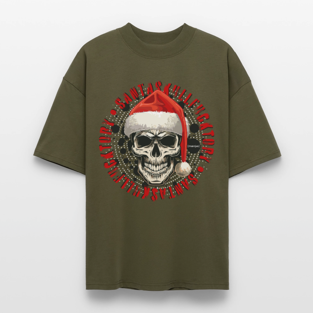 Oversized Unisex Bio T-Shirt mit SANTASKULL FUCKTORY PRINT - Khaki