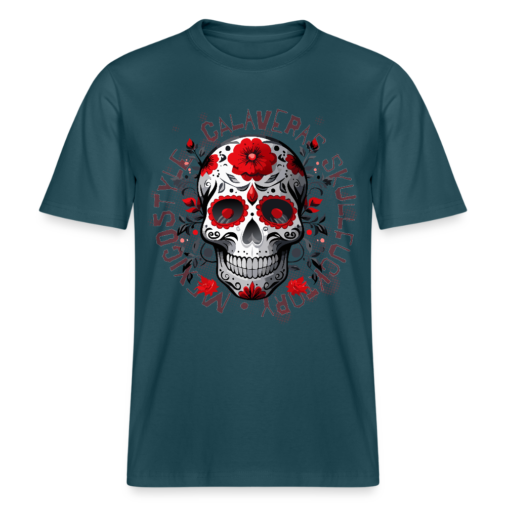 Relaxed Fit Unisex Bio-T-Shirt mit CALAVERS ROSEN PRINT Vorderseite - Dunkles Petrol