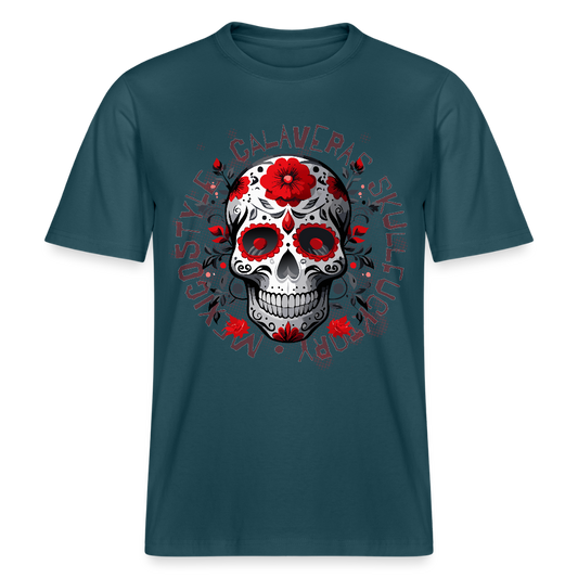 Relaxed Fit Unisex Bio-T-Shirt mit CALAVERS ROSEN PRINT Vorderseite - Dunkles Petrol