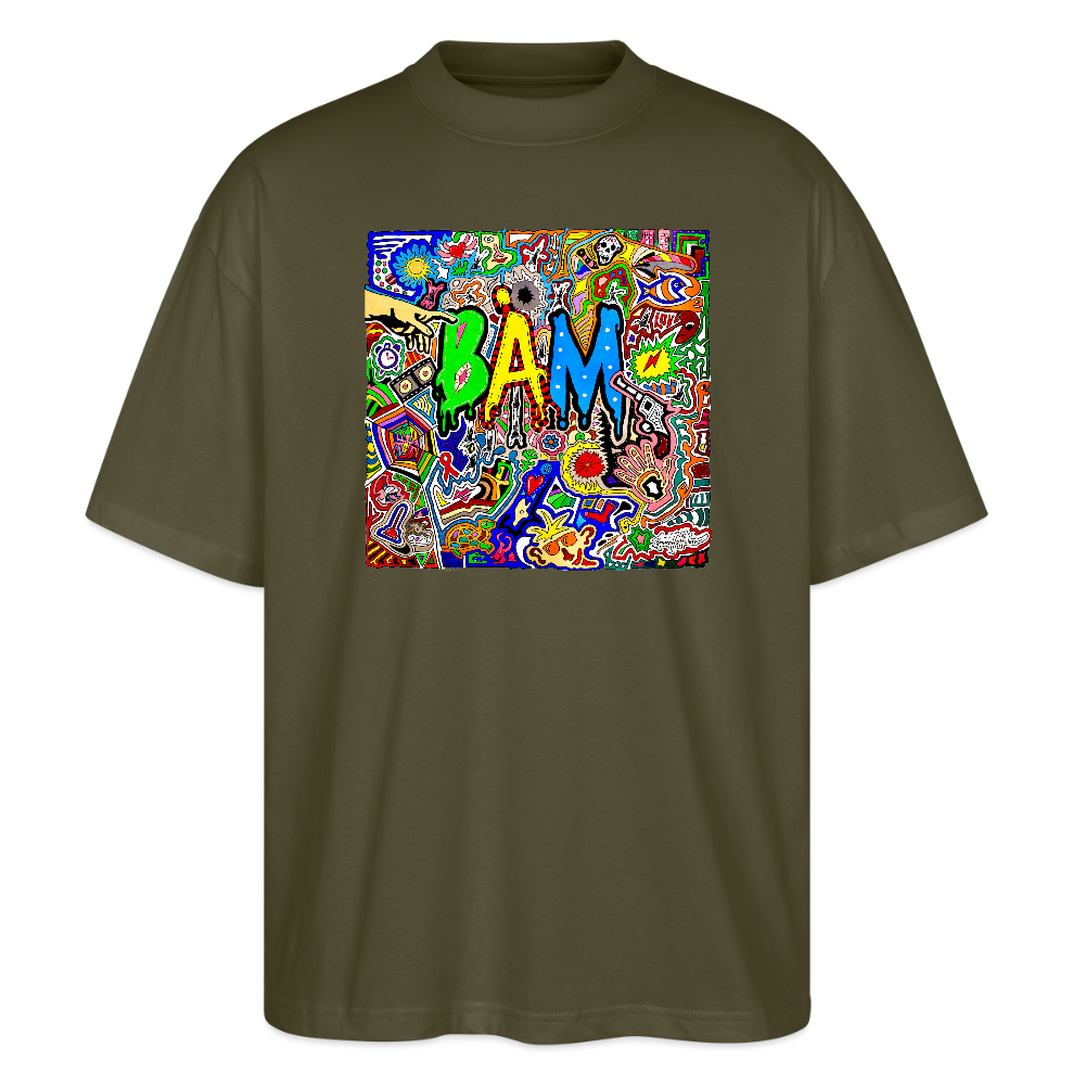 Oversized Unisex Bio T-Shirt mit BÄM PRINT Vorderseite - Khaki