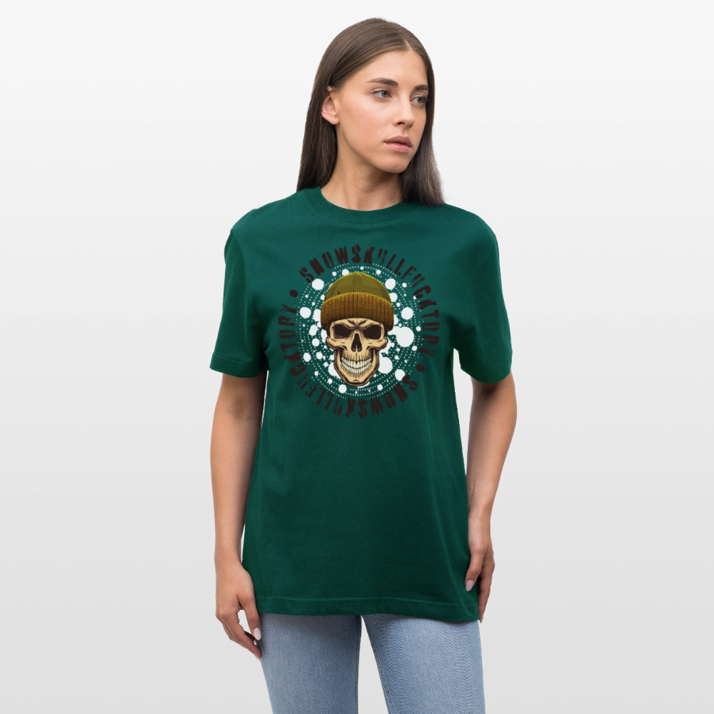 Relaxed Fit Unisex Bio-T-Shirt mit SNOWSKULL FUCKTORY PRINT Vorderseite - Forest