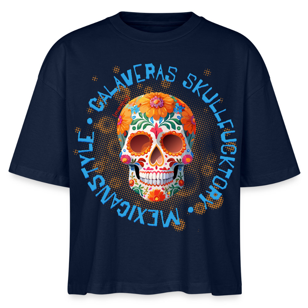 Frauen Boxy Bio-T-Shirt mit CALAVERAS SKULL PRINT - Navy