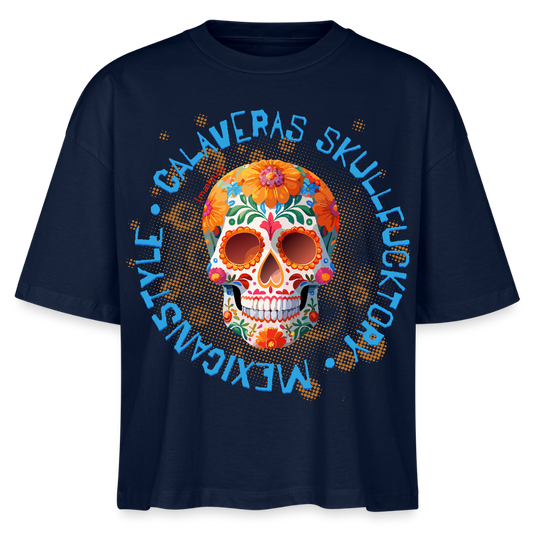 Frauen Boxy Bio-T-Shirt mit CALAVERAS SKULL PRINT - Navy