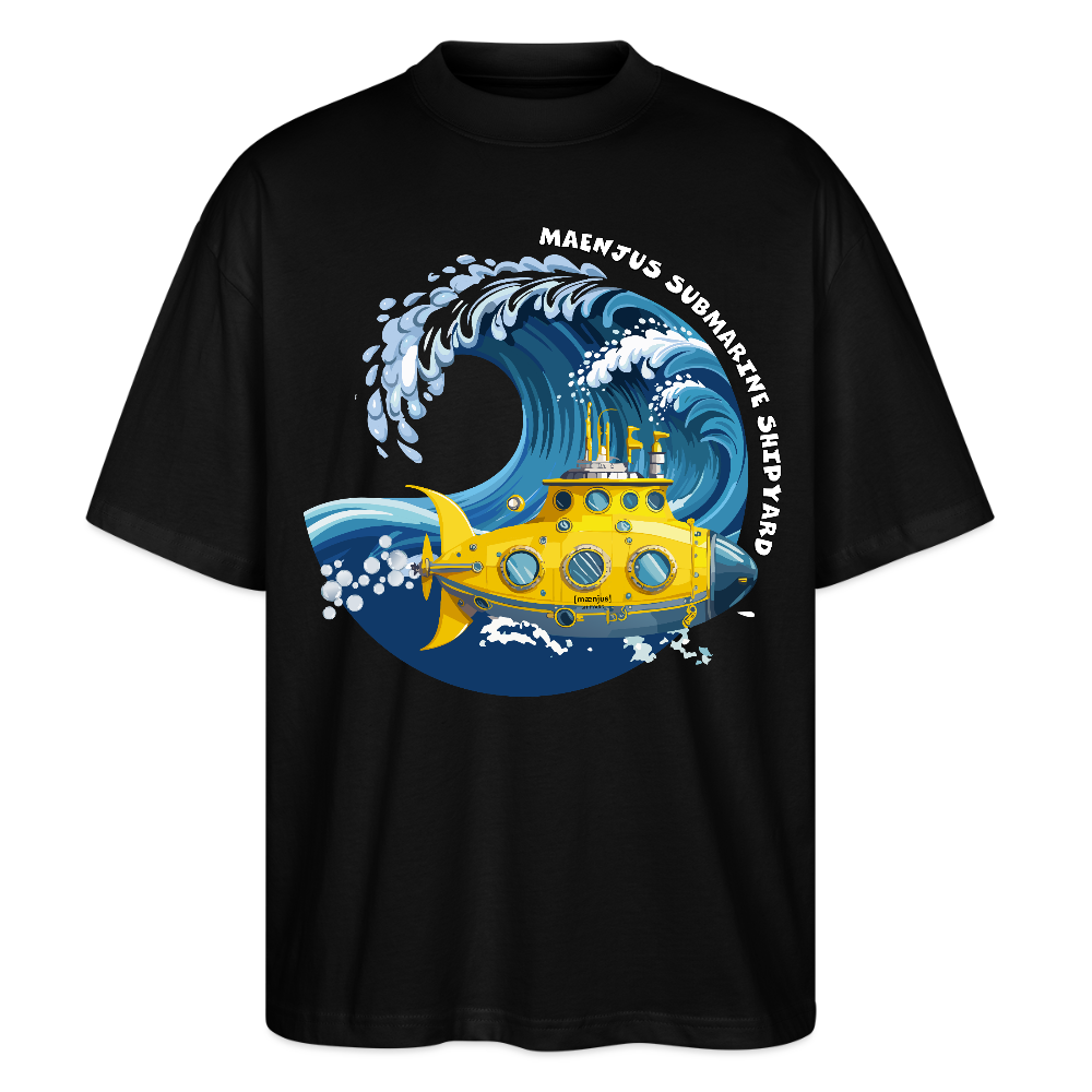 Oversized Unisex Bio T-Shirt mit MAENJUS SUBMARINE SHIPYARD PRINT Vorderseite - Schwarz