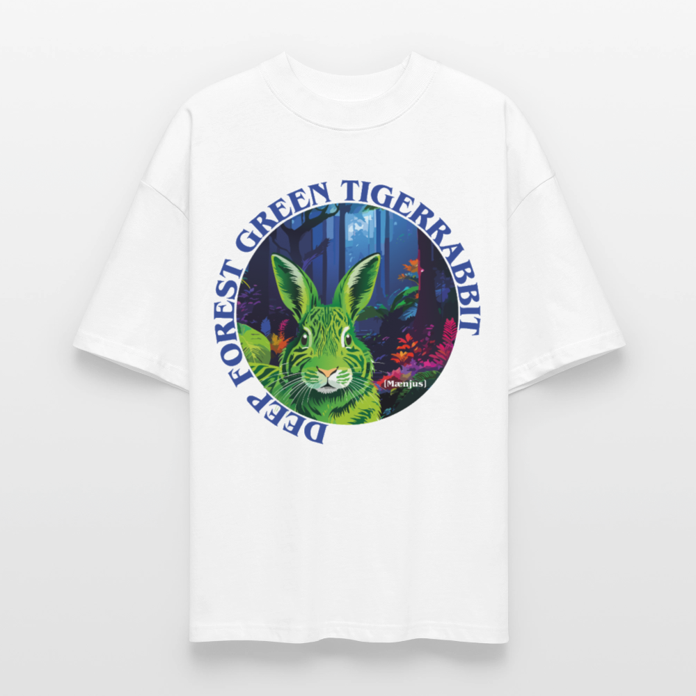 Oversized Unisex T-Shirt mit DEEP FOREST GREEN TIGERRABBIT PRINT Vorderseite - Weiß
