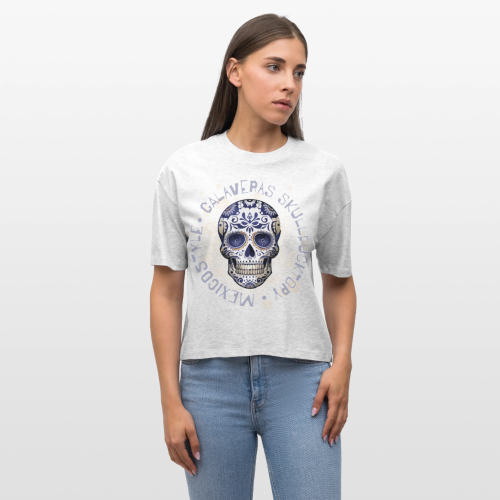 Frauen Boxy Bio-T-Shirt mit CALAVERAS SKULL PRINT - Weiß meliert