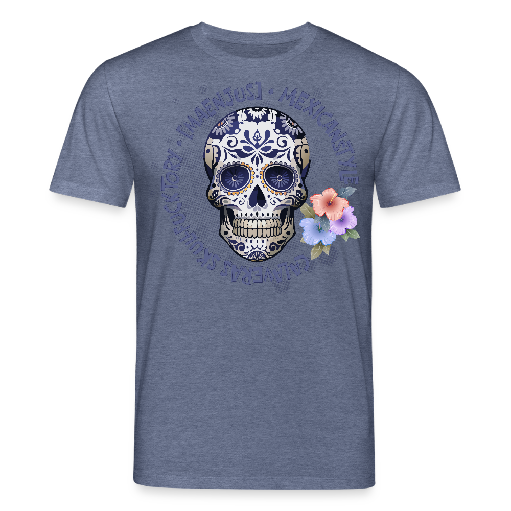 Unisex Bio-T-Shirt mit MAENJUS MEXICANSTYLE PRINT Vorderseite - Dunkelblau meliert