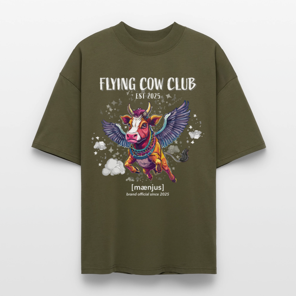 Oversized Unisex Bio T-Shirt mit FLYING COW CLUB PRINT Vorderseite - Khaki