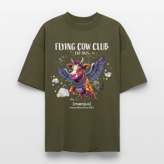 Oversized Unisex Bio T-Shirt mit FLYING COW CLUB PRINT Vorderseite - Khaki
