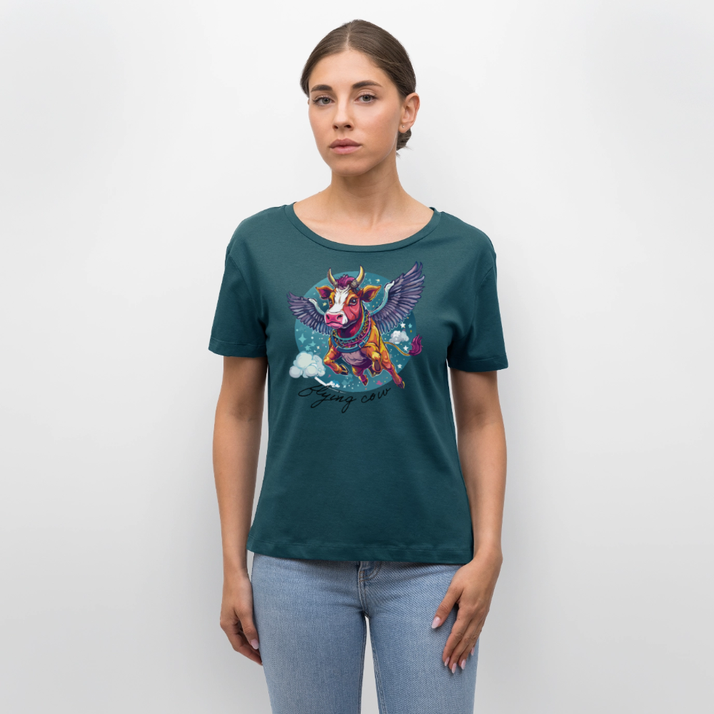 Frauen T-Shirt mit FLYING COW PRINT - Dunkles Petrol