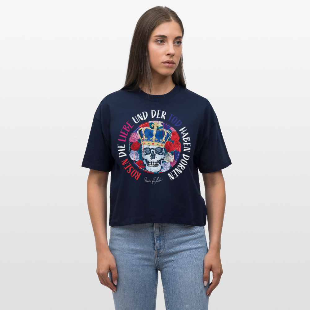 Frauen Boxy Bio-T-Shirt mit ROSEN DIE LIEBE UND DER TOD HABEN DORNEN PRINT - Navy