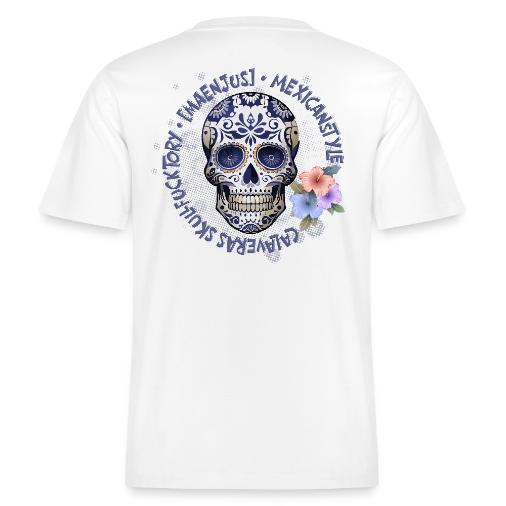 Relaxed Fit Unisex Bio-T-Shirt mit MAENJUS MEXICANSTYLE PRINT Vorder- und Rückseite - Weiß