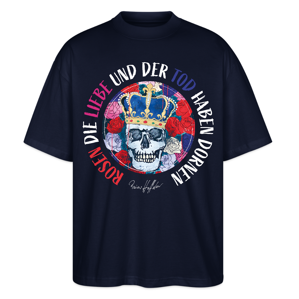 Oversized Unisex T-Shirt mit ROSEN DIE LIEBE UND DER TOD HABEN DORNEN PRINT - Navy