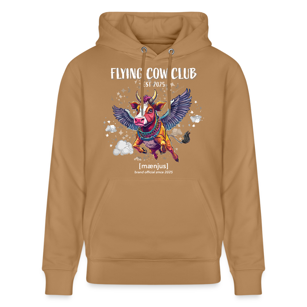 Unisex Bio-Hoodie mit FLYING COW CLUB PRINT Vorderseite - Karamell