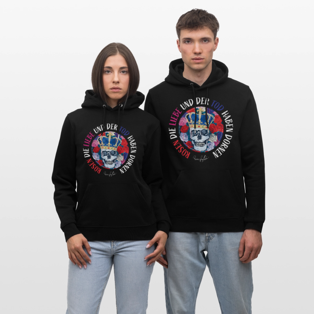 Unisex Hoodie mit ROSEN DIE LIEBE UND DER TOD HABEN DORNEN PRINT - Schwarz
