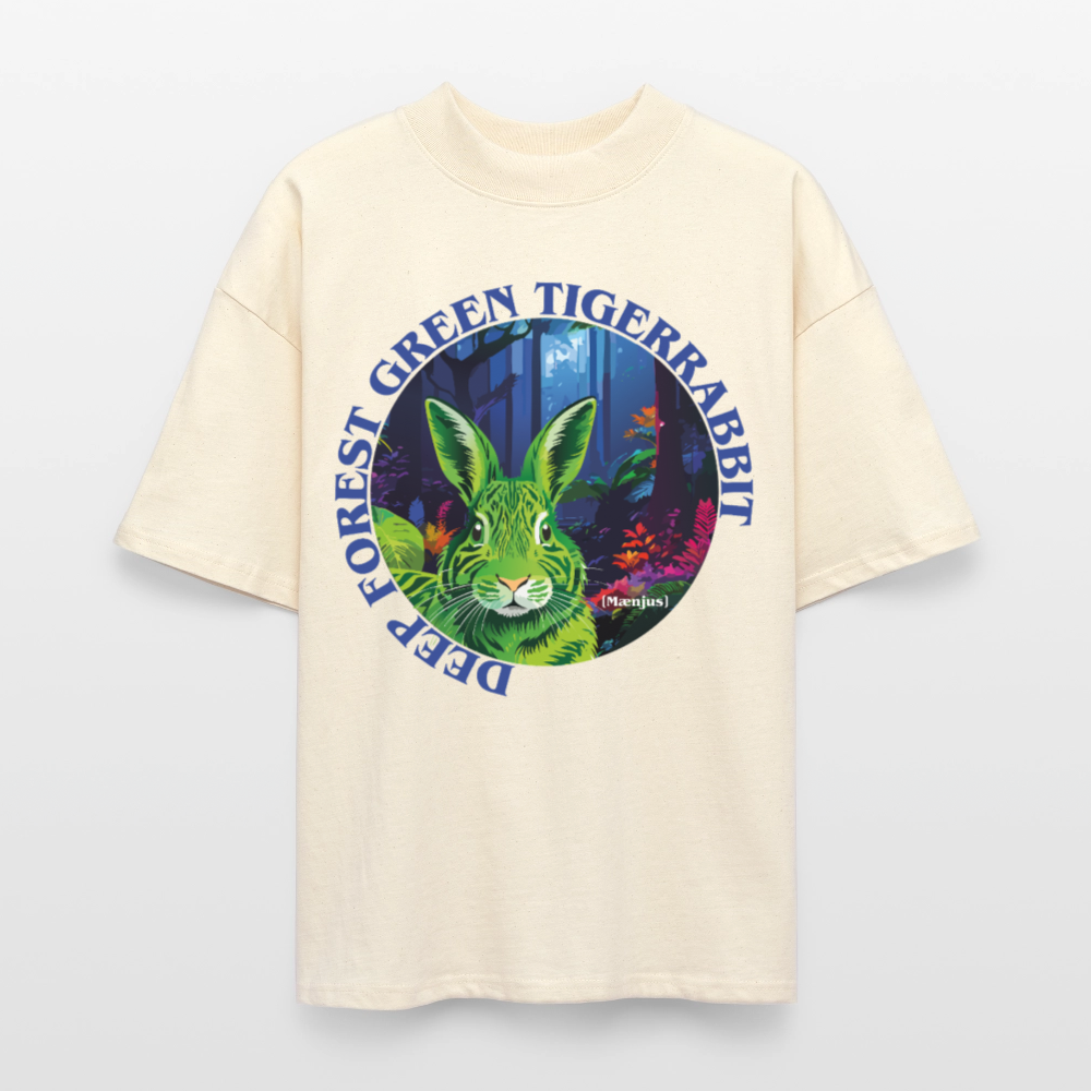 Oversized Unisex T-Shirt mit DEEP FOREST GREEN TIGERRABBIT PRINT Vorderseite - Weißgrau