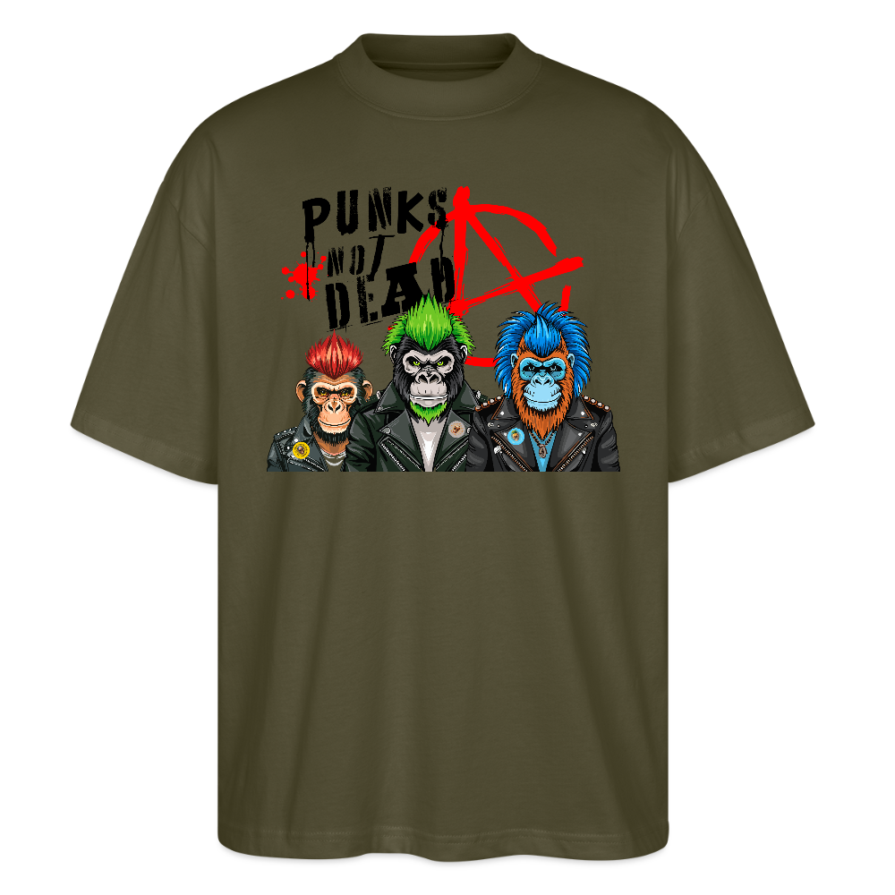 Oversized Unisex T-Shirt mit PUNKS NOT DEAD PRINT - Khaki