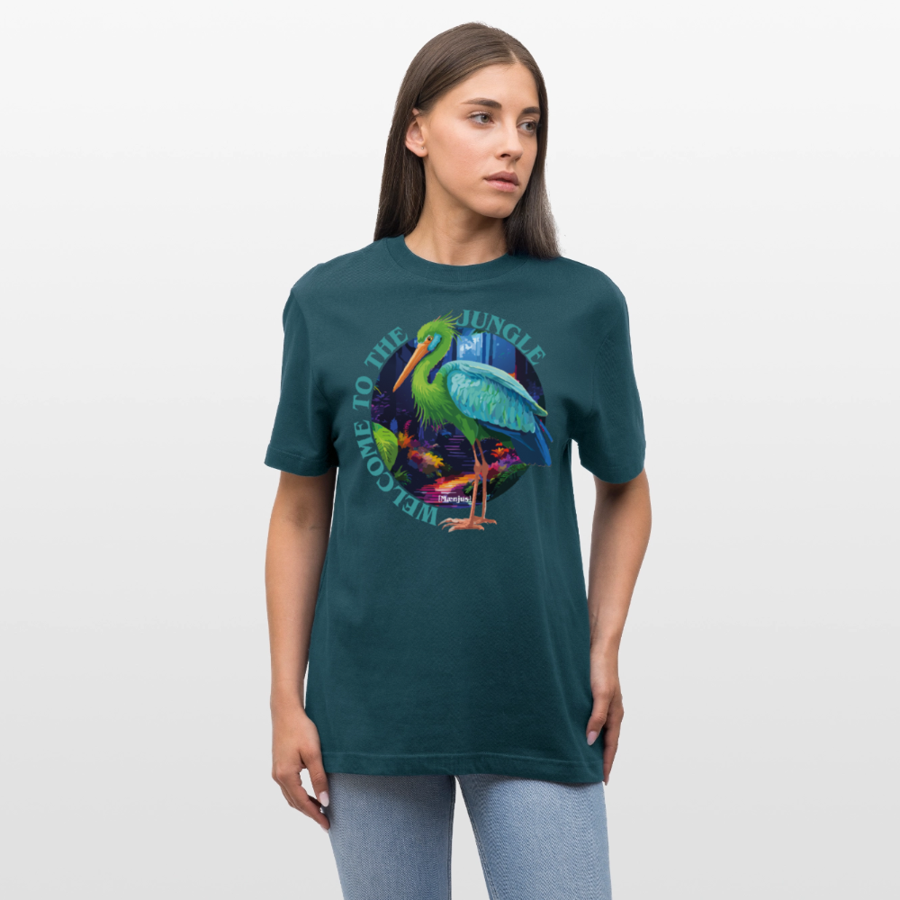 Relaxed Fit Unisex Bio-T-Shirt mit WELCOME TO THE JUNGLE PRINT Vorderseite - Dunkles Petrol
