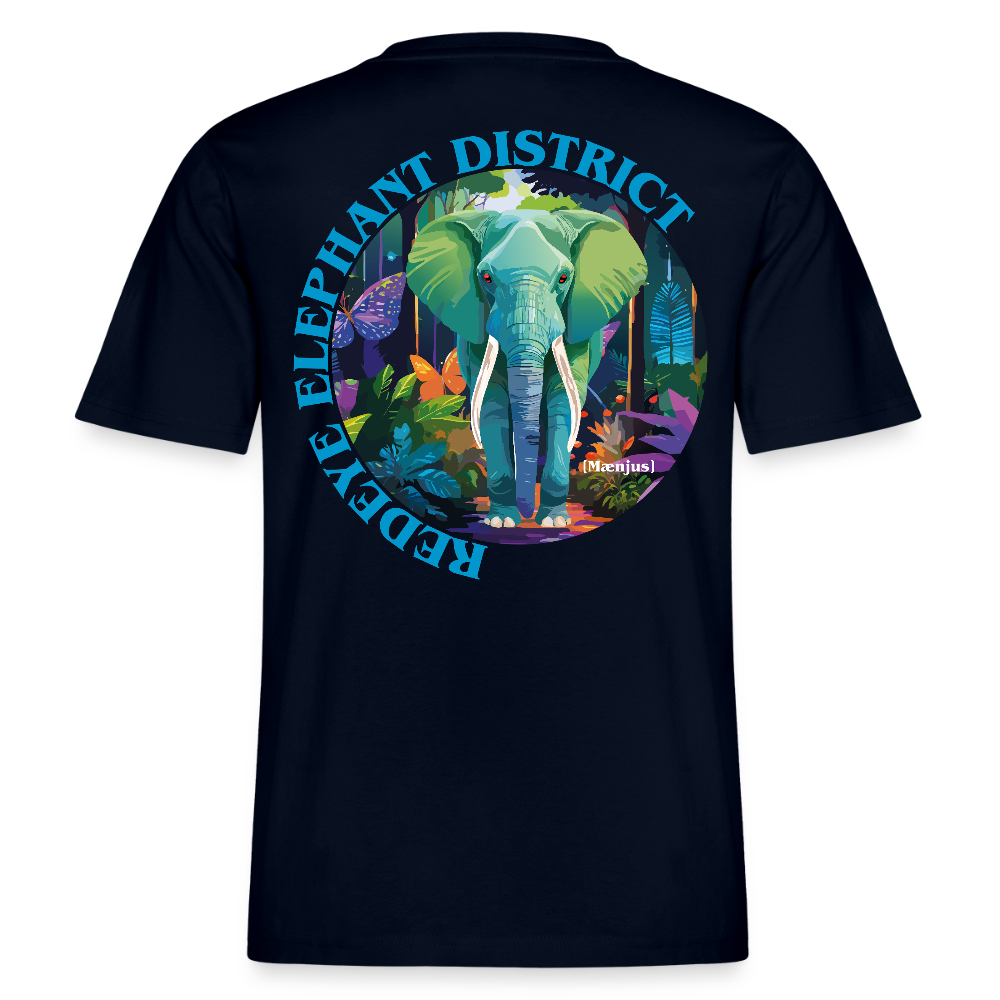 Relaxed Fit Unisex Bio-T-Shirt mit REDEYE ELEPHANT DISTRICT PRINT Vorder- und Rückseite - Navy