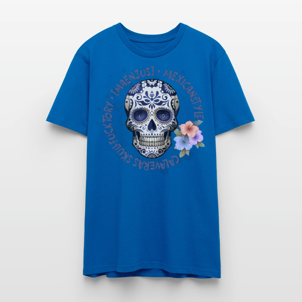 Unisex T-Shirt mit MAENJUS MEXICANSTYLE PRINT Vorderseite - Pfauenblau