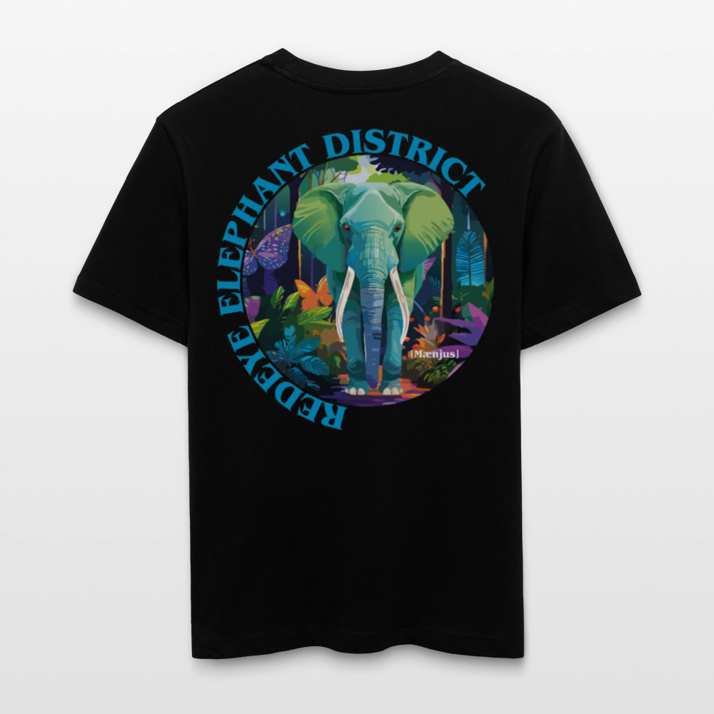 Relaxed Fit Unisex Bio-T-Shirt mit REDEYE ELEPHANT DISTRICT PRINT Vorder- und Rückseite - Schwarz