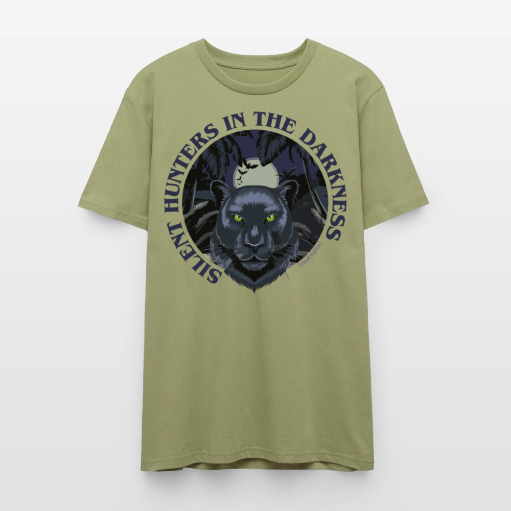 Unisex T-Shirt mit SILENT HUNTERS IN THE DARKNESS PRINT Vorderseite - Nebelgrün