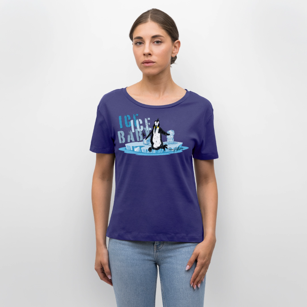 Relaxed Rundhals Frauen Bio-T-Shirt mit ICE ICE BABY PINGUIN PRINT - Dämmerung