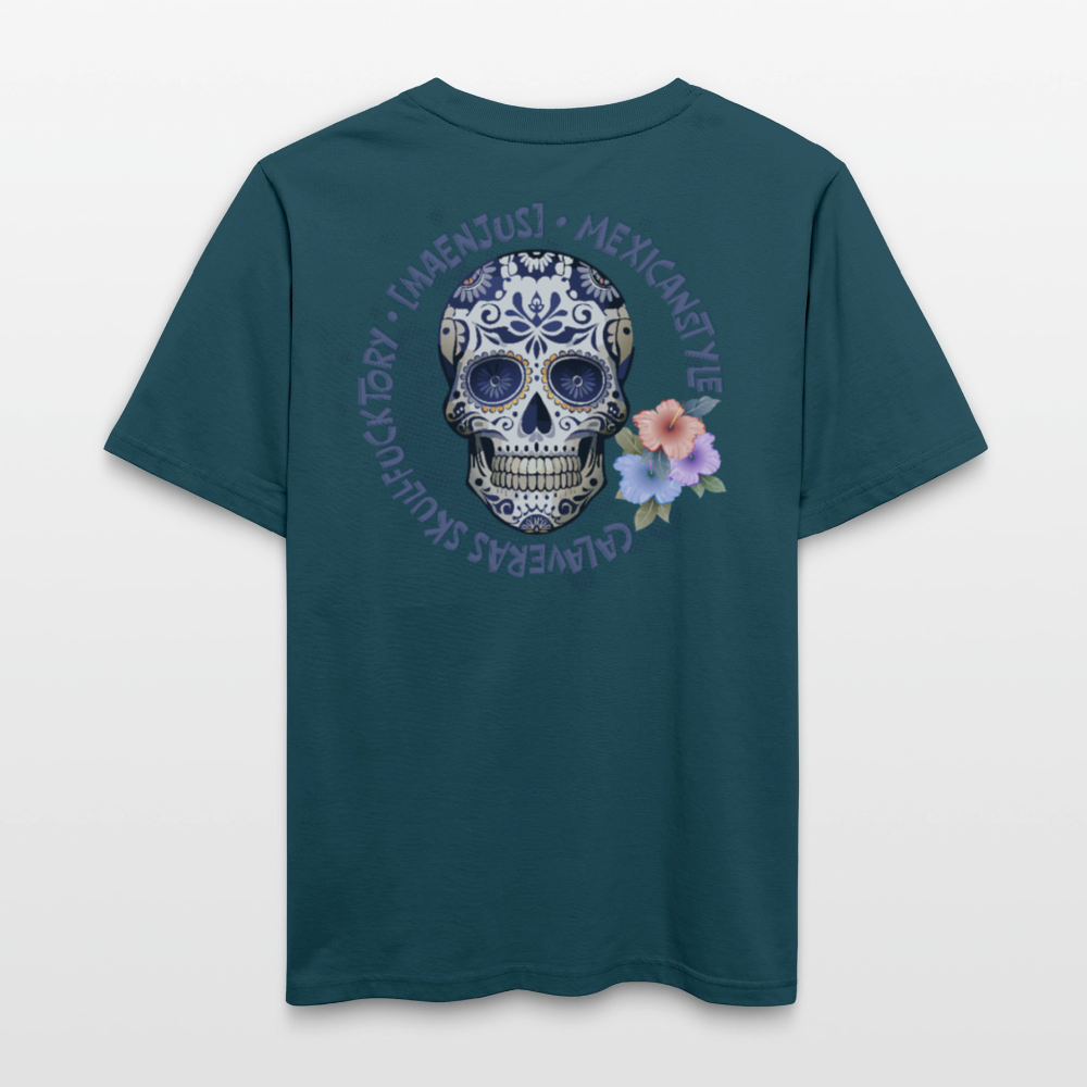 Relaxed Fit Unisex Bio-T-Shirt mit MAENJUS MEXICANSTYLE PRINT Vorder- und Rückseite - Dunkles Petrol