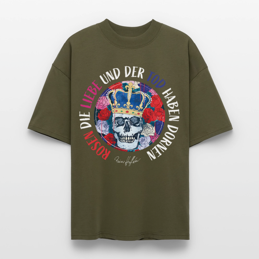 Oversized Unisex T-Shirt mit ROSEN DIE LIEBE UND DER TOD HABEN DORNEN PRINT - Khaki