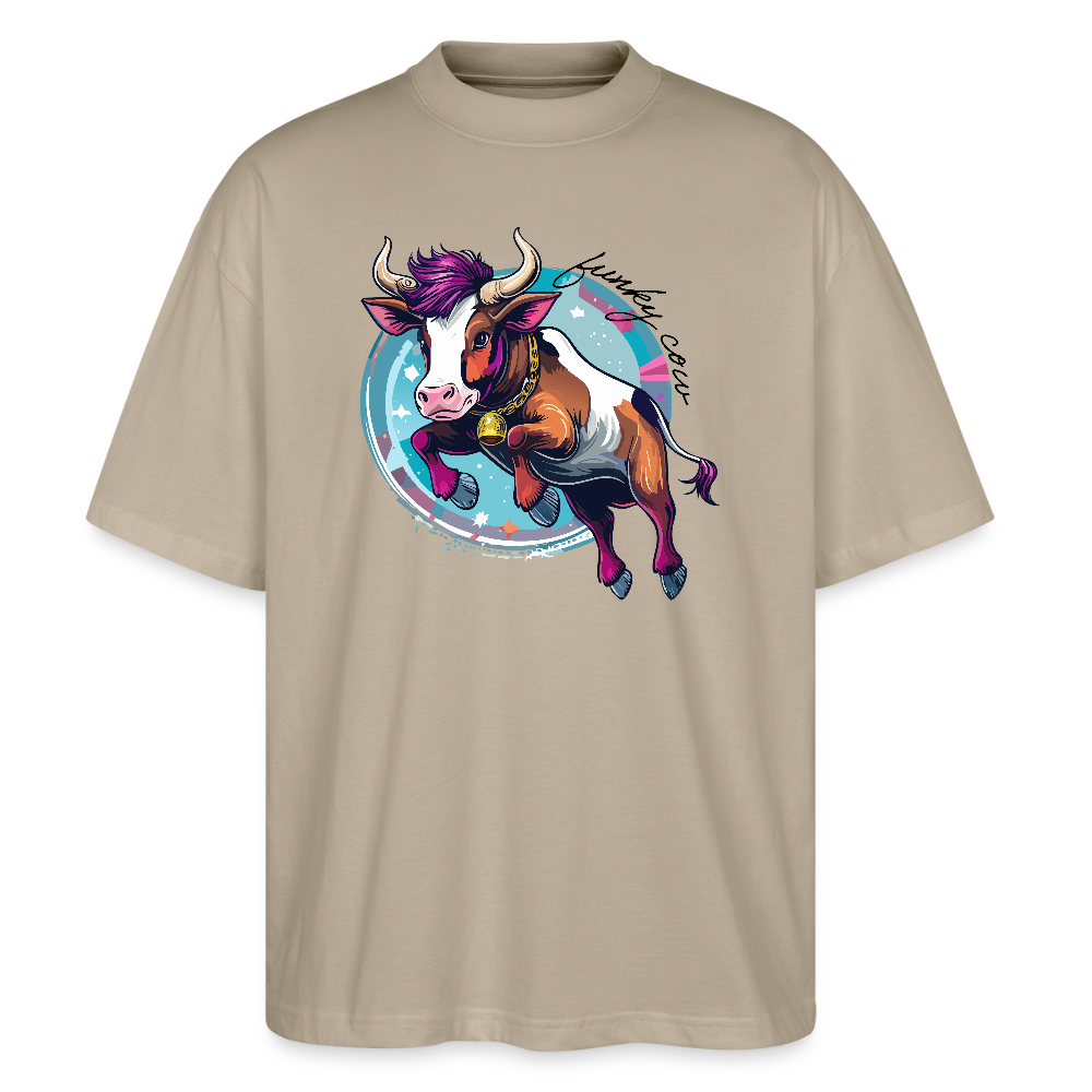Oversized Unisex T-Shirt mit FUNKY COW PRINT - Steingrau