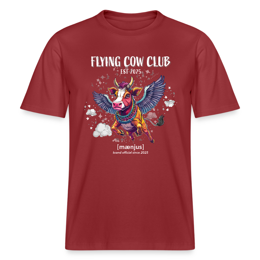 Unisex Bio-T-Shirt mit FLYING COW CLUB PRINT Vorderseite - Erdrot