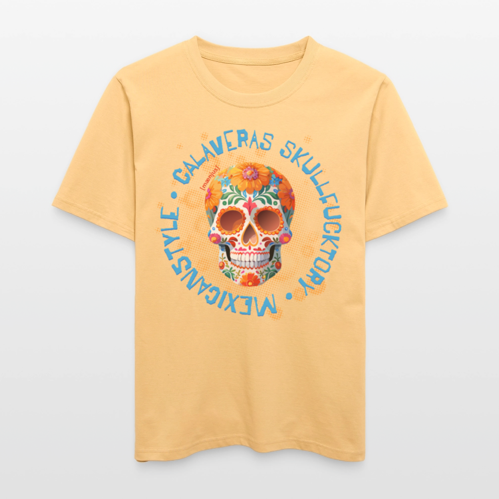 Relaxed Fit Unisex Bio-T-Shirt mit CALAVERAS MEXICANSTYLE PRINT Vorderseite - Hellgelb