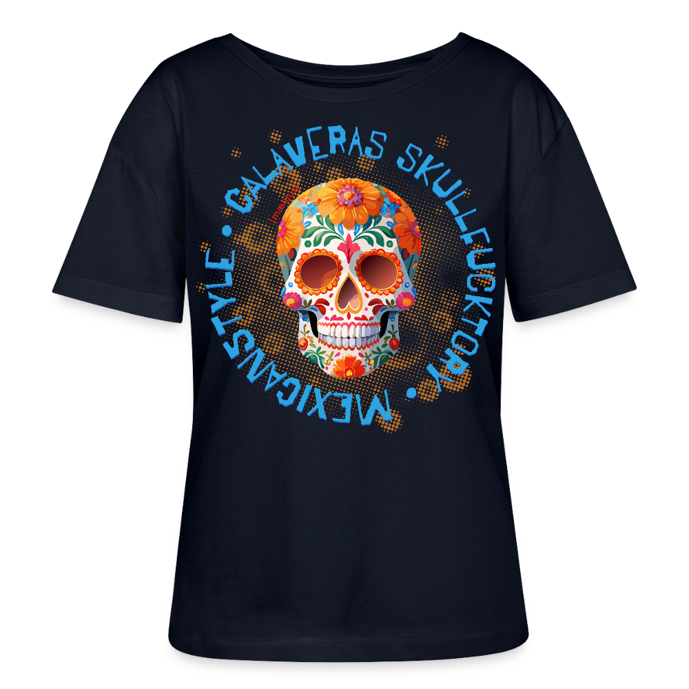 Relaxed Rundhals Frauen Bio-T-Shirt mit CALAVERAS SKULL PRINT - Navy