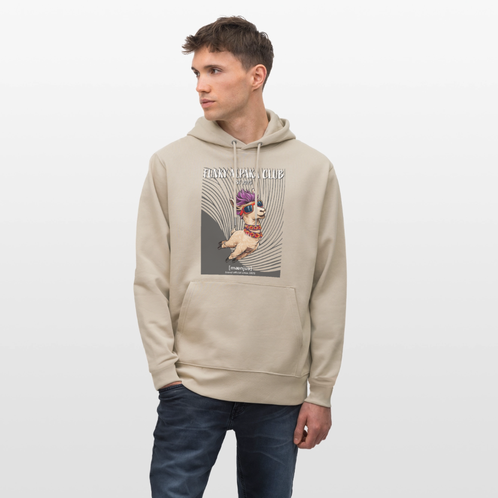 Unisex Bio-Hoodie mit FUNKY ALPAKA CLUB PRINT Vorderseite - Beige