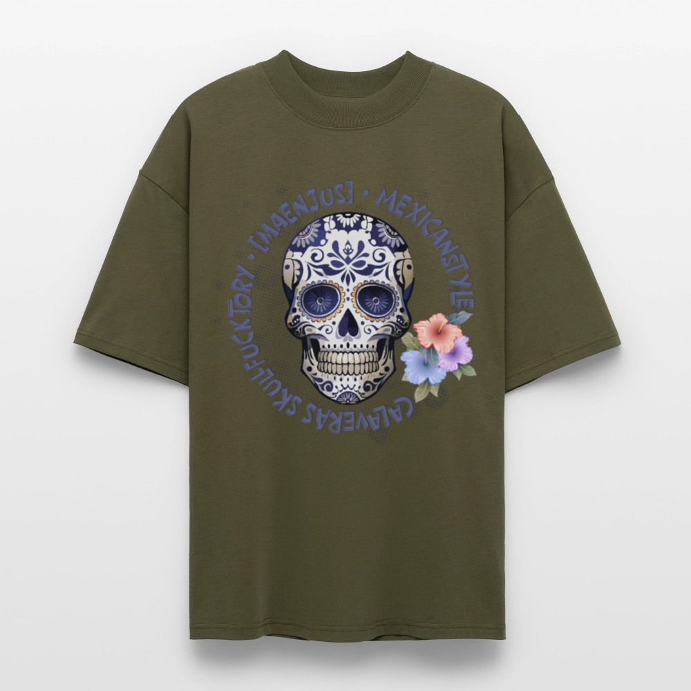 Oversized Unisex Bio T-Shirt mit MAENJUS MEXICANSTYLE PRINT Vorderseite - Khaki