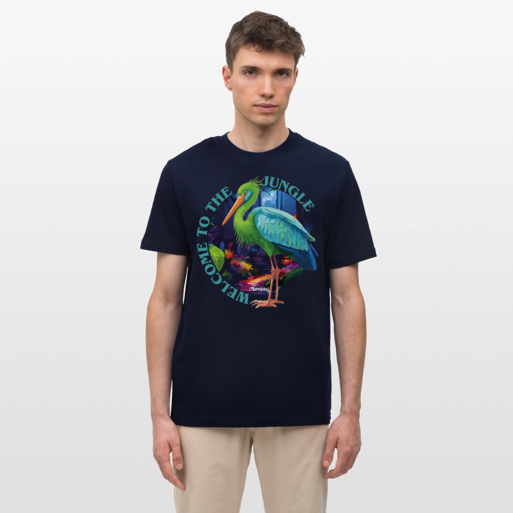 Relaxed Fit Unisex Bio-T-Shirt mit WELCOME TO THE JUNGLE PRINT Vorderseite - Navy