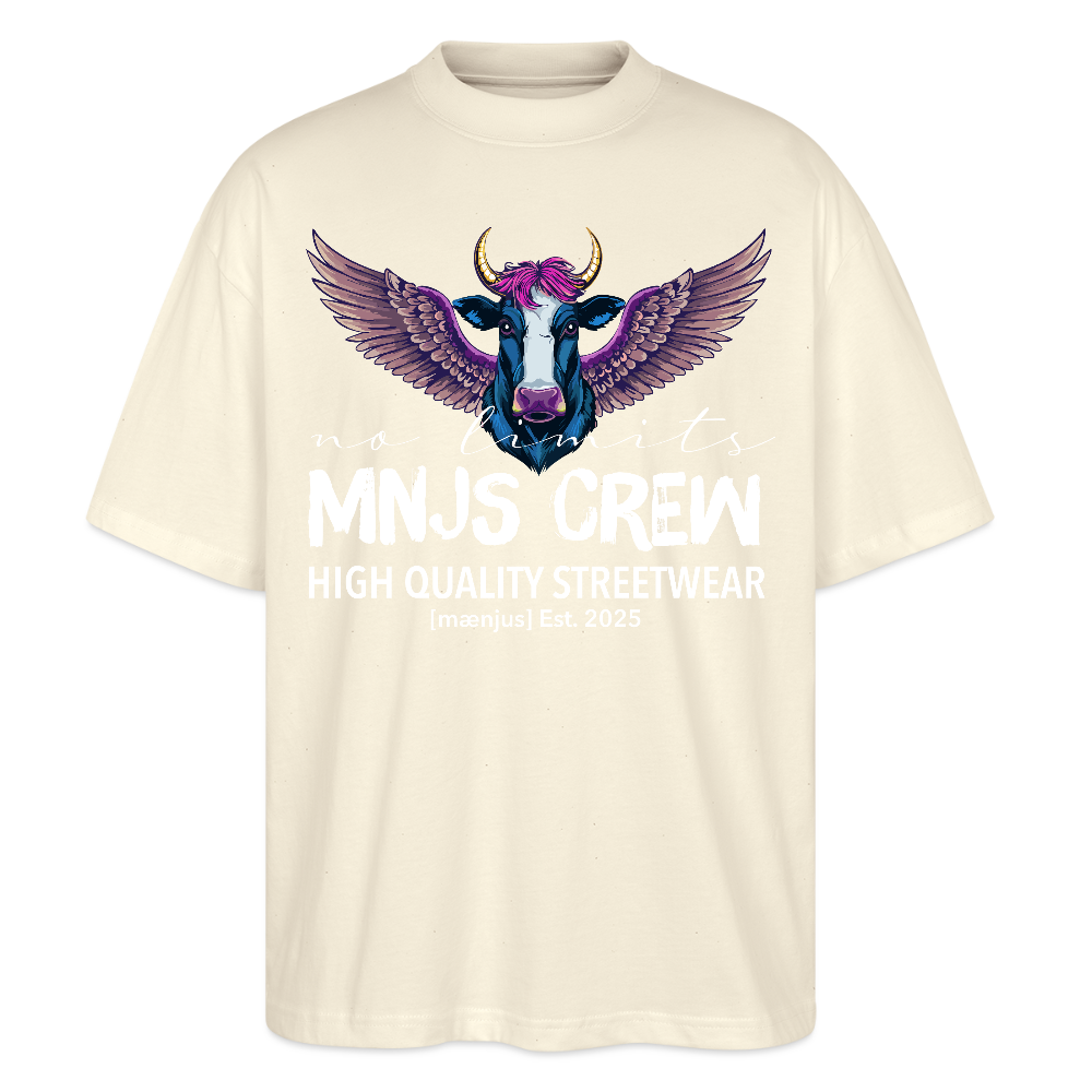 Oversized Unisex Bio T-Shirt mit MNJS CREW no limits PRINT - Weißgrau
