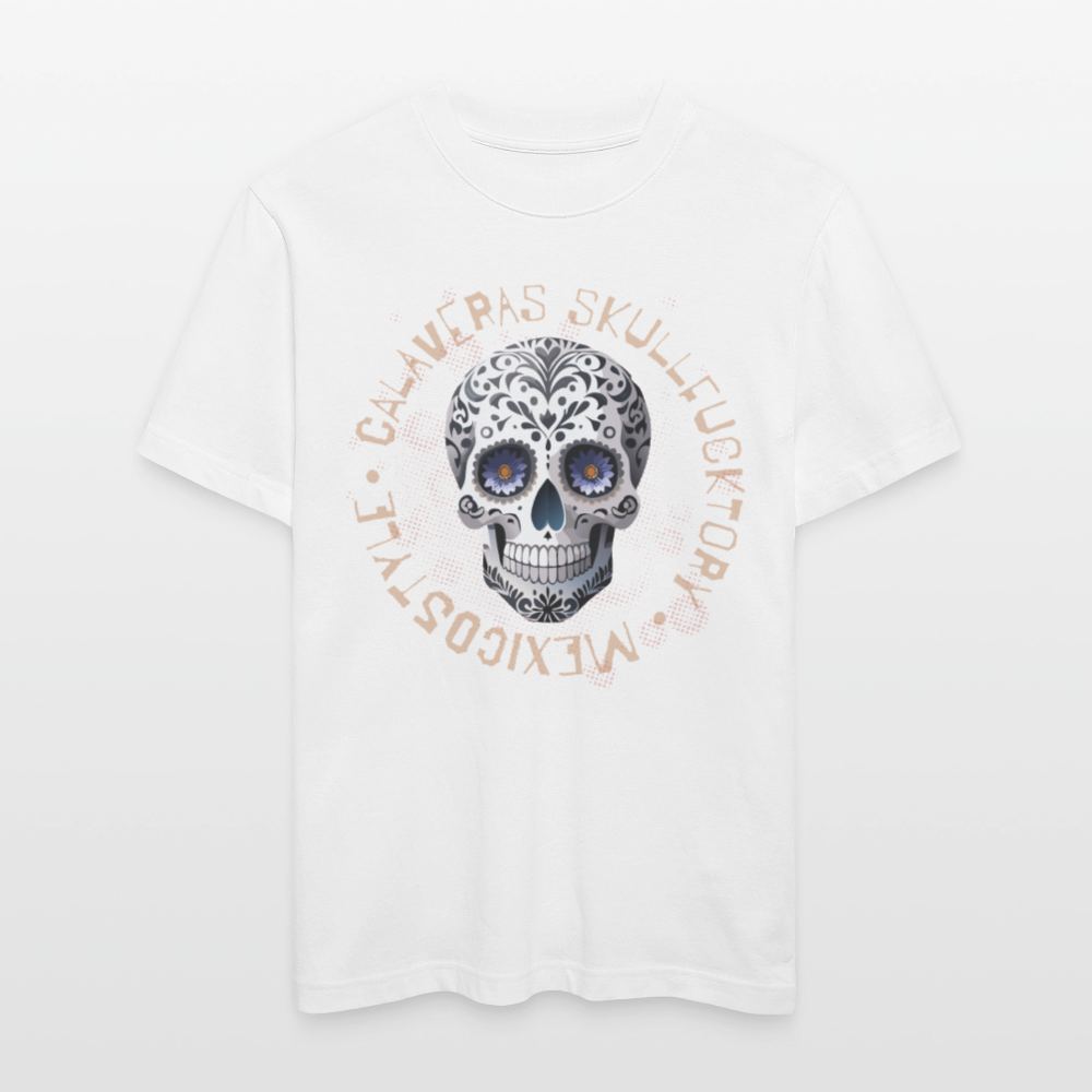 Relaxed Fit Unisex Bio-T-Shirt mit CALAVERAS SKULL PRINT Vorderseite - Weiß