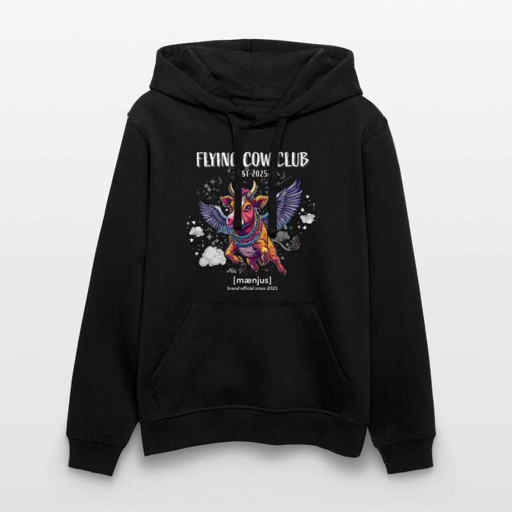 Unisex Bio-Hoodie mit FLYING COW CLUB PRINT Vorderseite - Schwarz