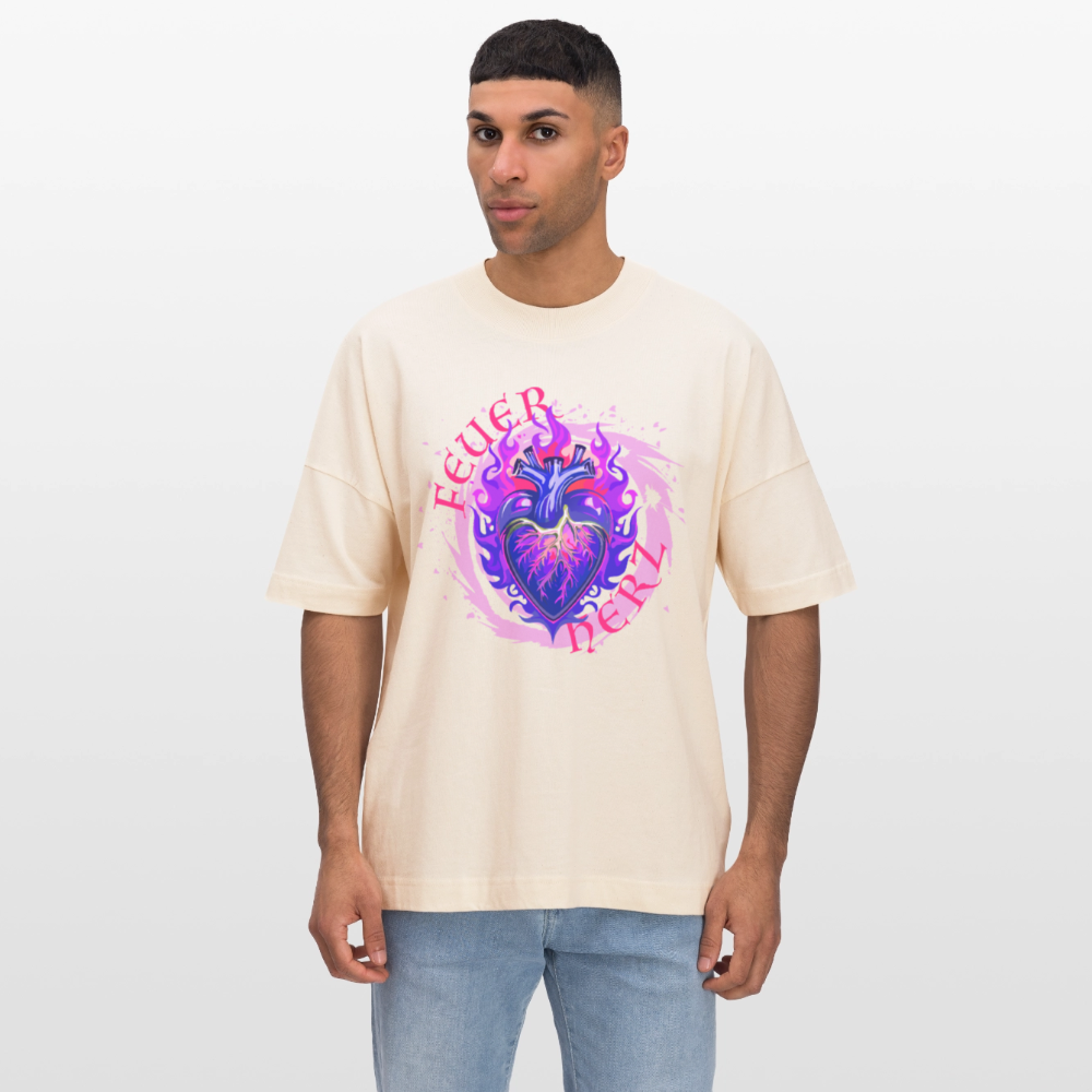 Oversized Unisex Bio T-Shirt mit FEUERHERZ LILA PRINT - Weißgrau