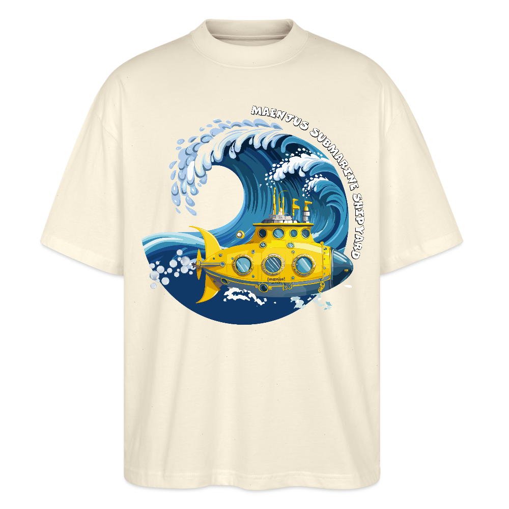 Oversized Unisex Bio T-Shirt mit MAENJUS SUBMARINE SHIPYARD PRINT Vorderseite - Weißgrau