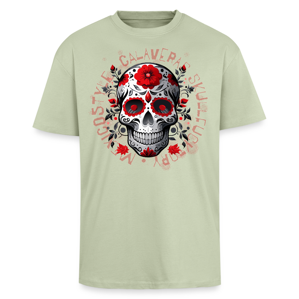 Heavy Oversize T-Shirt mit CALAVERAS SKULL PRINT Vorderseite - Leichtes Salbeigrün