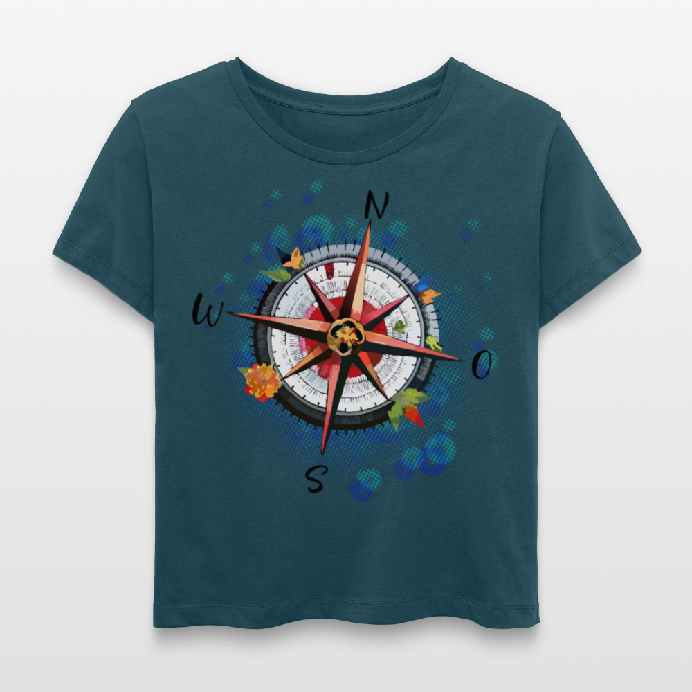 Frauen Rundhals T-Shirt mit WINDROSE PRINT - Dunkles Petrol