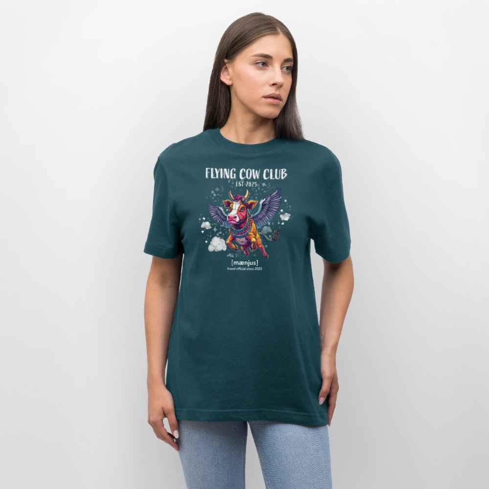 Unisex Bio-T-Shirt mit FLYING COW CLUB PRINT Vorderseite - Dunkles Petrol
